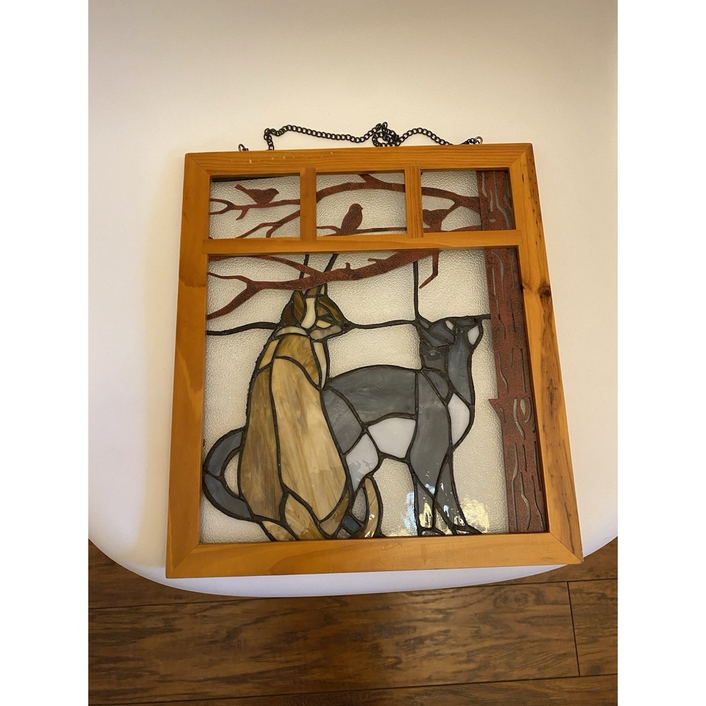 1970s Stained Glass Cat Window Panel Hanging Art Bird Framed Fish 11" X 12.5" - Picture 2 of 4